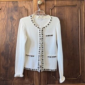 CAbi White and Brown Cardigan Sweater